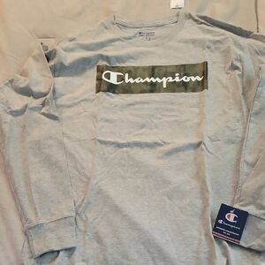 Champion Gray Long Sleeve with Blue and Red Logo